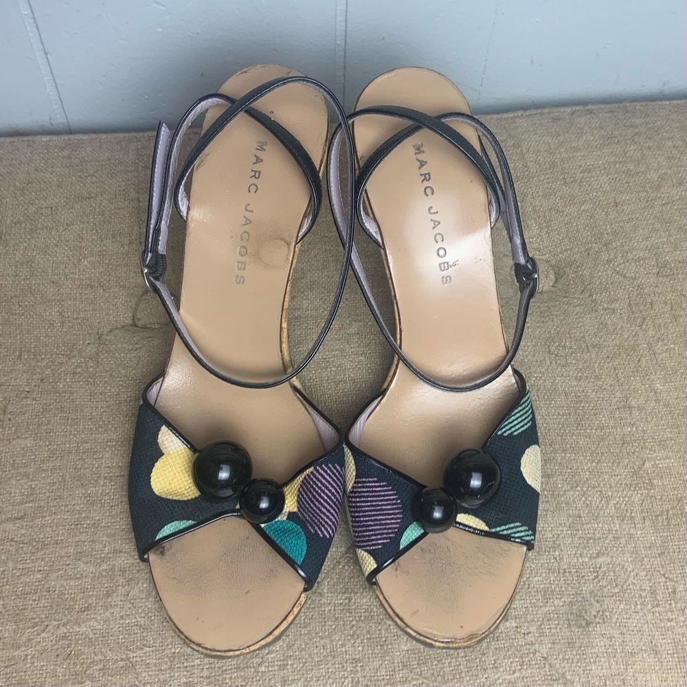 Marc Jacobs Italy Runway Vintage Pinup Peep Toe Mod Polka Dot Cork Sandal Heels